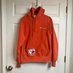 VTG Champion Reverse Weave Hoodie Sweatshirt Orange Mens Size S Embroidered Logo